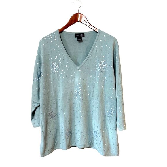 Venezia Jeans Sweaters - Venezia Jeans Womens 22/24 Light Blue V-Neck Sweater Sequin Accents 3/4 Sleeves